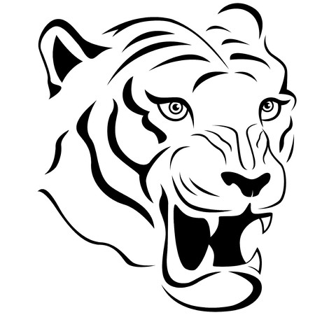 450x450 Aggressive Tiger Head Close Up, Hand Drawing Vector Outline