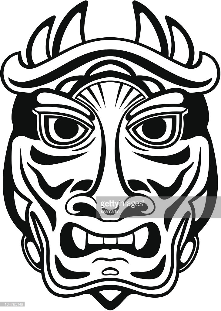 729x1024 Tribal Masks Vinyl Ready Art Coloring Set Of Tiki Mask Stock