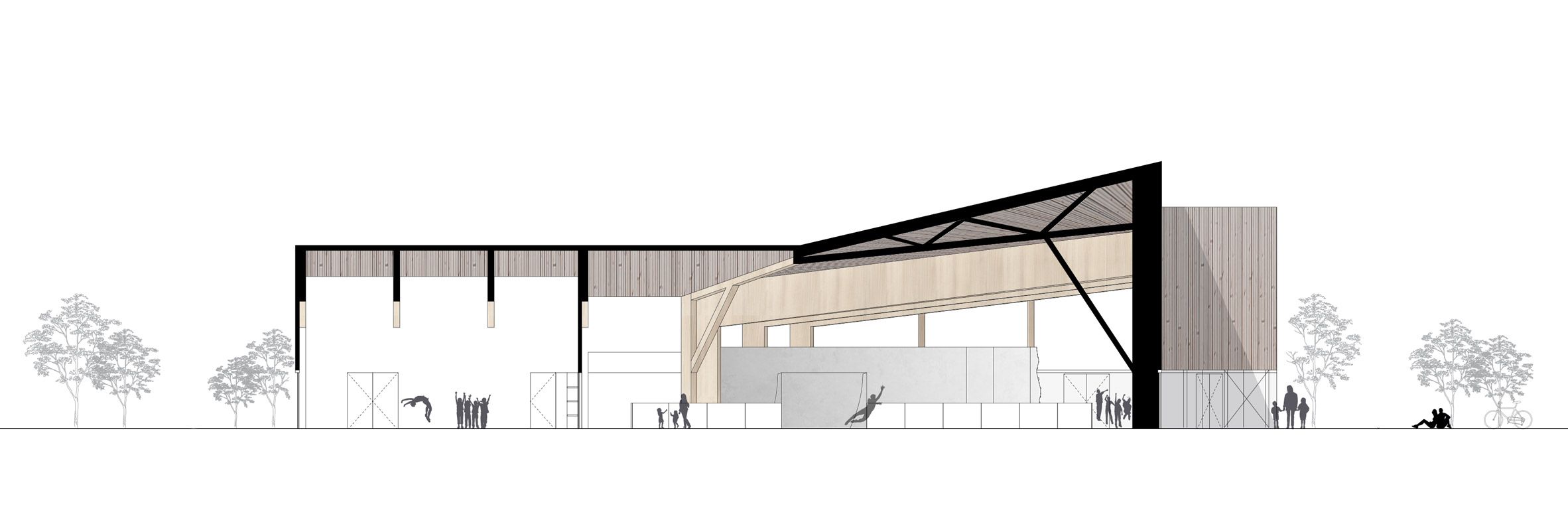 2364x802 nord architects creates angular timber clad sports centre