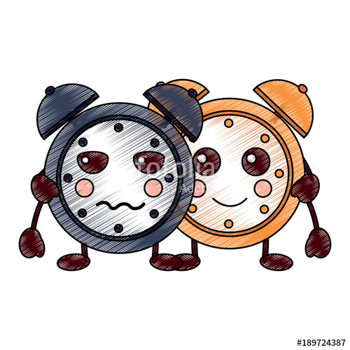 500x500 Cartoon Kawaii Two Clock Alarm Time Vector Illustration Drawing