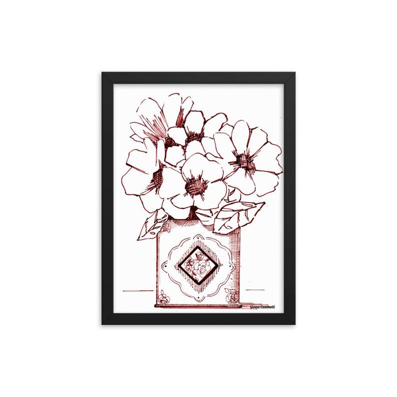 794x794 Framed Drawing Print Flowers In Tea Tin Sepia Ink Drawing Etsy
