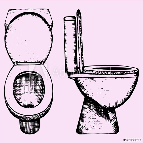 500x500 Set Ceramic Toilet Bowl In Bathroom, Hand Drawn, Doodle Style