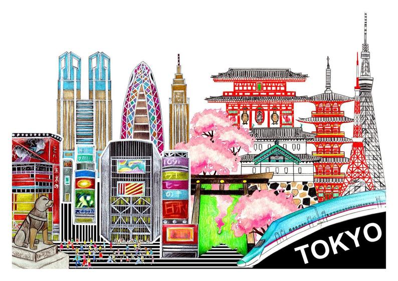 794x562 Tokyo City Architecture Signed Illustrated Art Print Shibuya Etsy