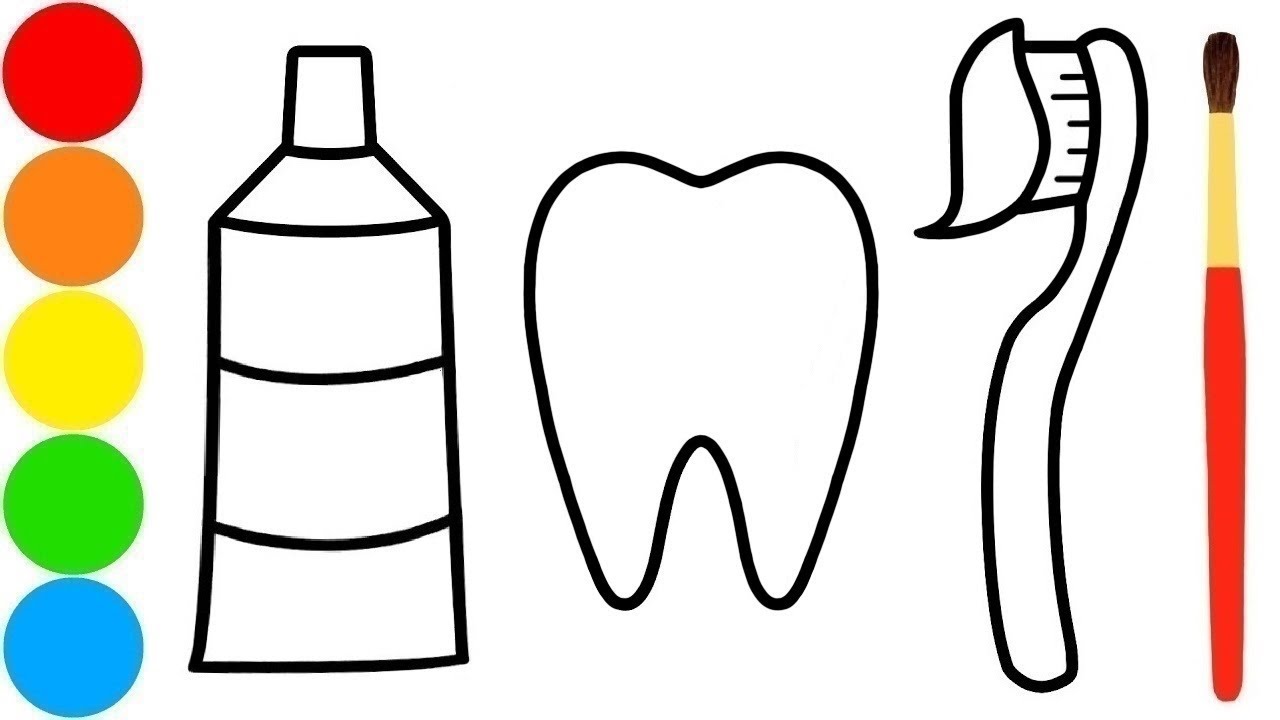 1280x720 Coloring And Drawing Tooth, Brush And Paste For Kids