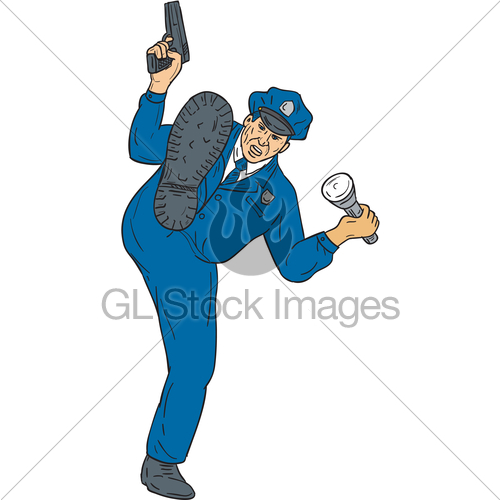 500x500 Policeman Gun Flashlight Torch Kicking Drawing Gl Stock Images