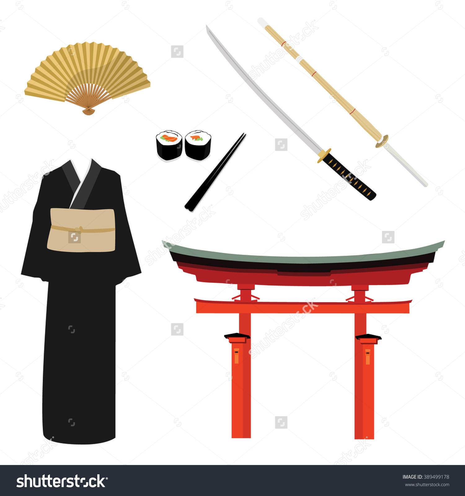 1500x1600 Raster Illustration Japan Symbols Torii Gate Kendo Sword And Save