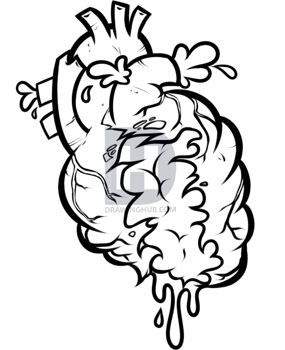 587x720 How To Draw A Torn Heart, Bloody Heart, Step