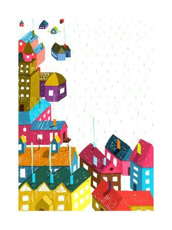 338x450 Small Town Or City With Houses Roofs Landscape Colorful Hand