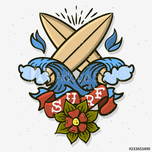 500x500 Surfing Surf Themed Hand Drawn Traditional Old School Tattoo