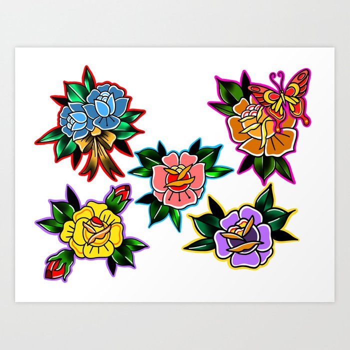 700x700 Traditional Roses Tattoo Art Art Print