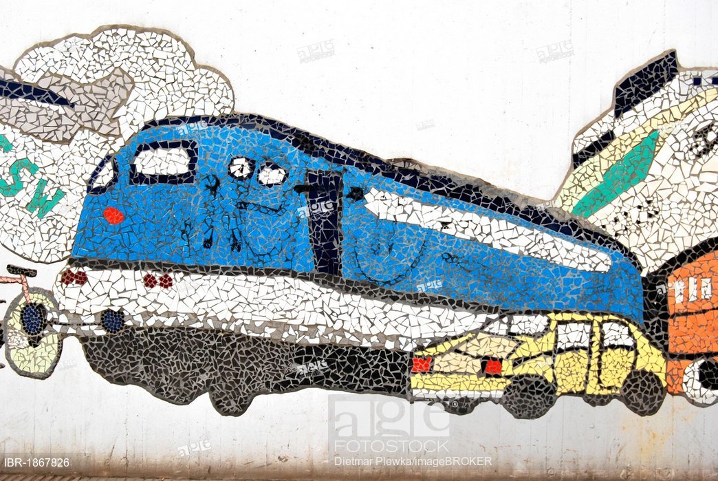 1044x699 Car And Train, Mosaic From Broken Tiles