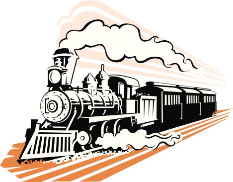 469x366 line art graphic of steam train emerging from a tunnel