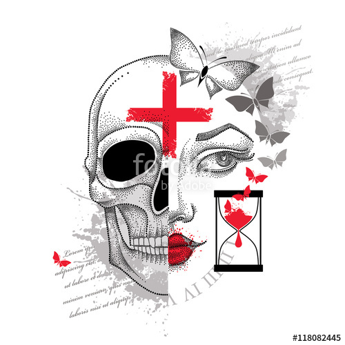 500x500 Vector Illustration Of Dotted Girl Face And Skull, Cross