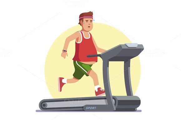 580x386 Obese Young Man Running On Treadmill Illustrations