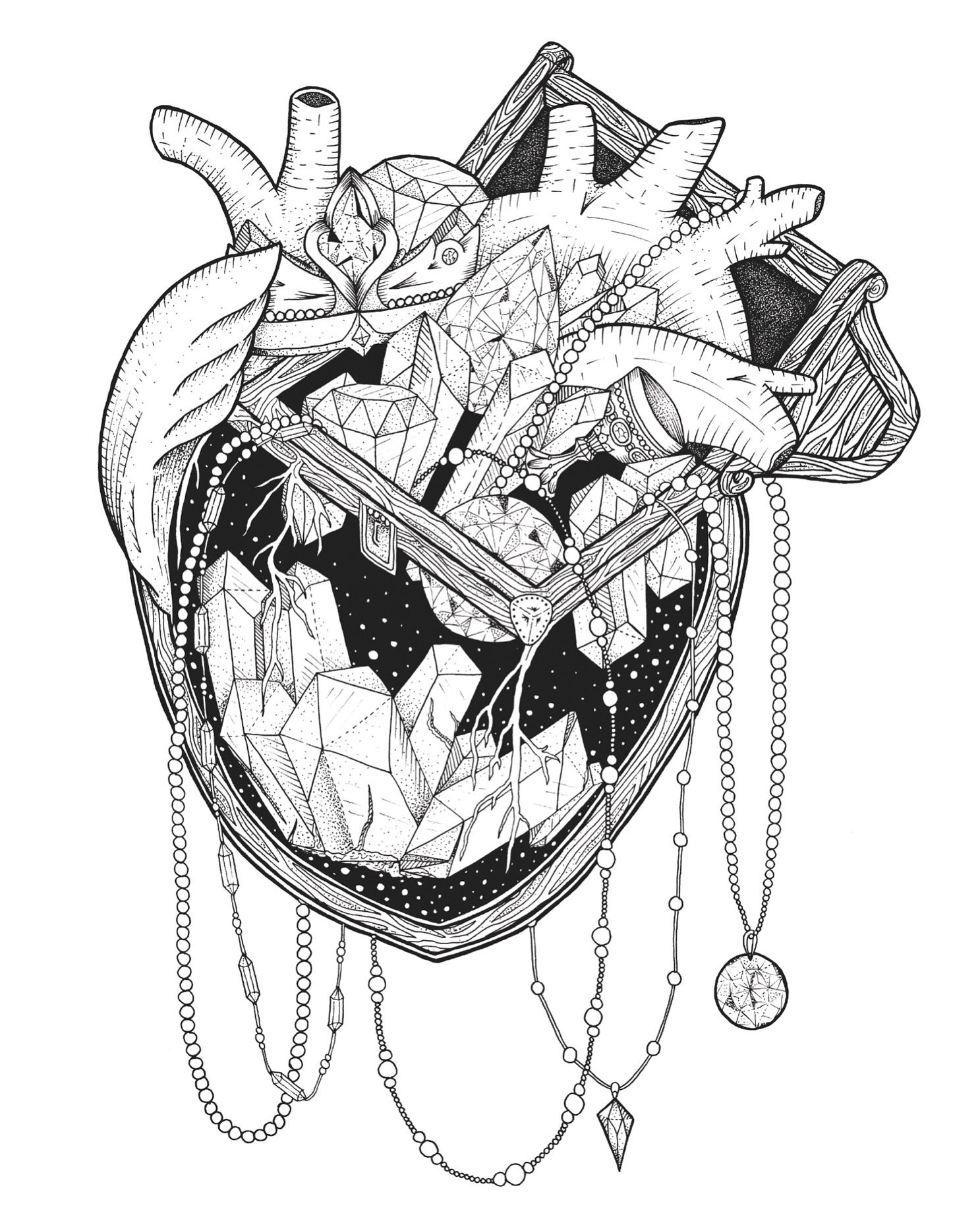 1487x1858 Heart, Treasure, Black, White, Art, Illustration, Micron, Pen, Ink