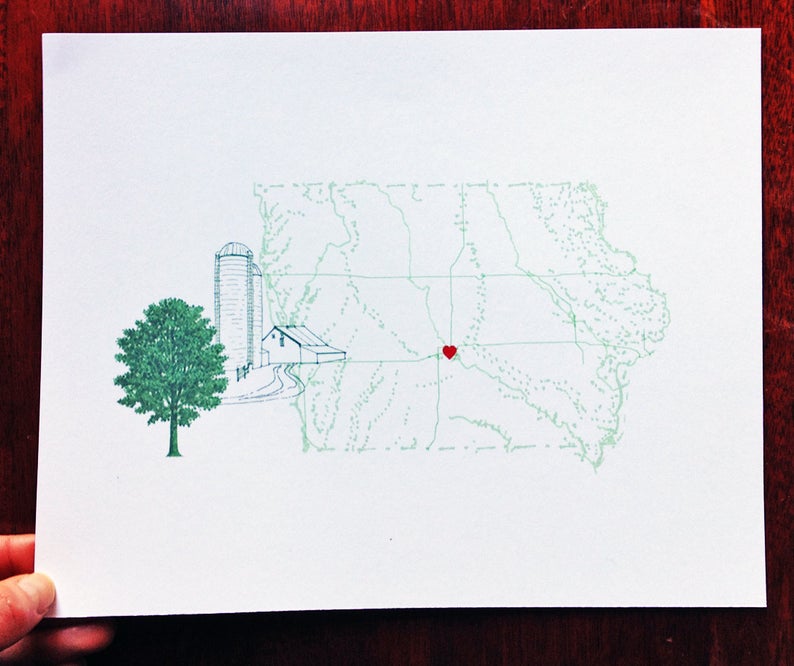 794x666 iowa map farm art print state tree state flower state etsy