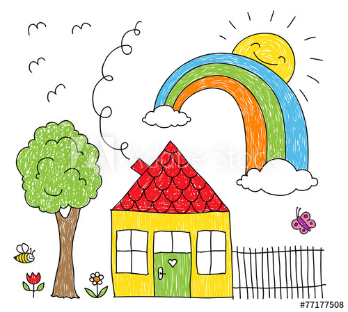 500x449 Kid's Drawing Of A House, Rainbow And Tree