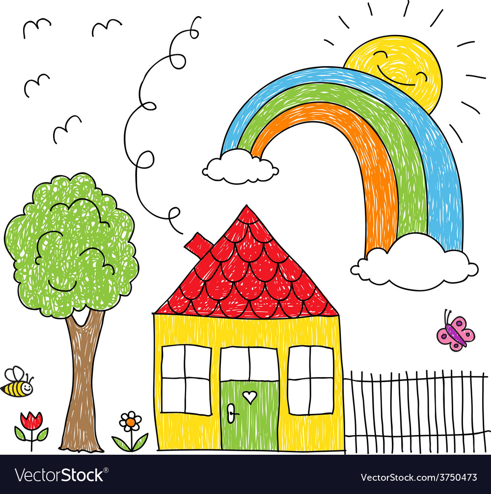 1000x1006 Kid Tree Drawing Kid S Drawing Of A House A Tree And A Rainbow