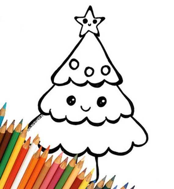 570x620 Christmas Tree Kawaii Cute Drawing Coloring For Kids Download Etsy