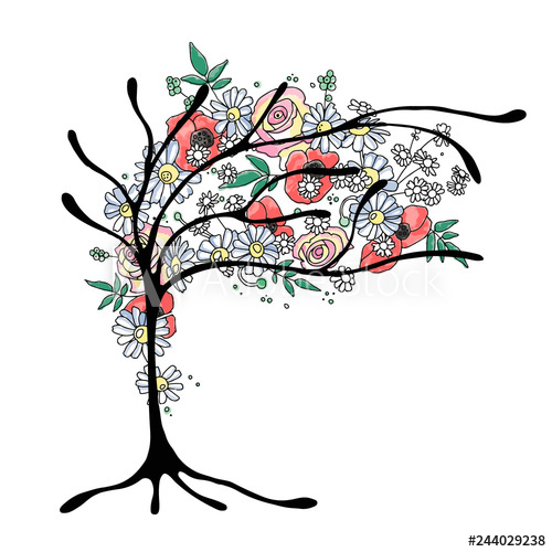 500x500 Vector Hand Drawn Graphic Illustration Of Tree With Flowers