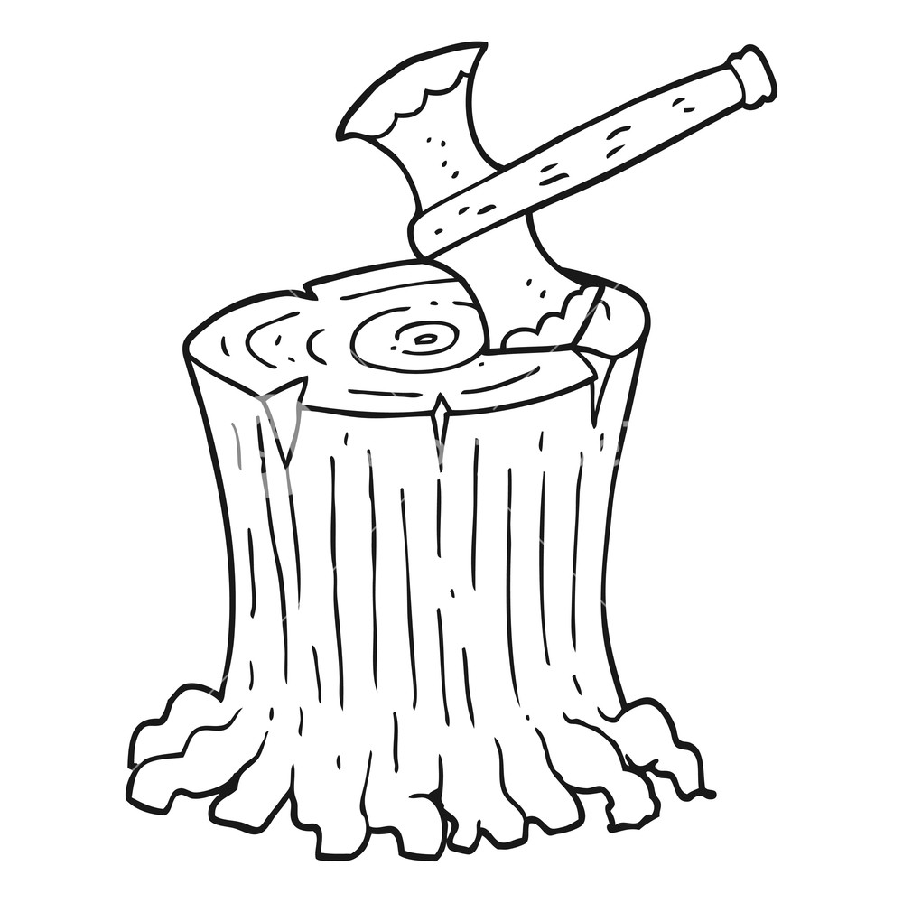 1000x1000 Freehand Drawn Black And White Cartoon Axe In Tree Stump Royalty