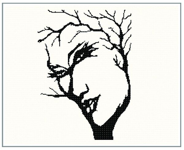 600x490 Face In Tree Illusion Cross Stitch Chart