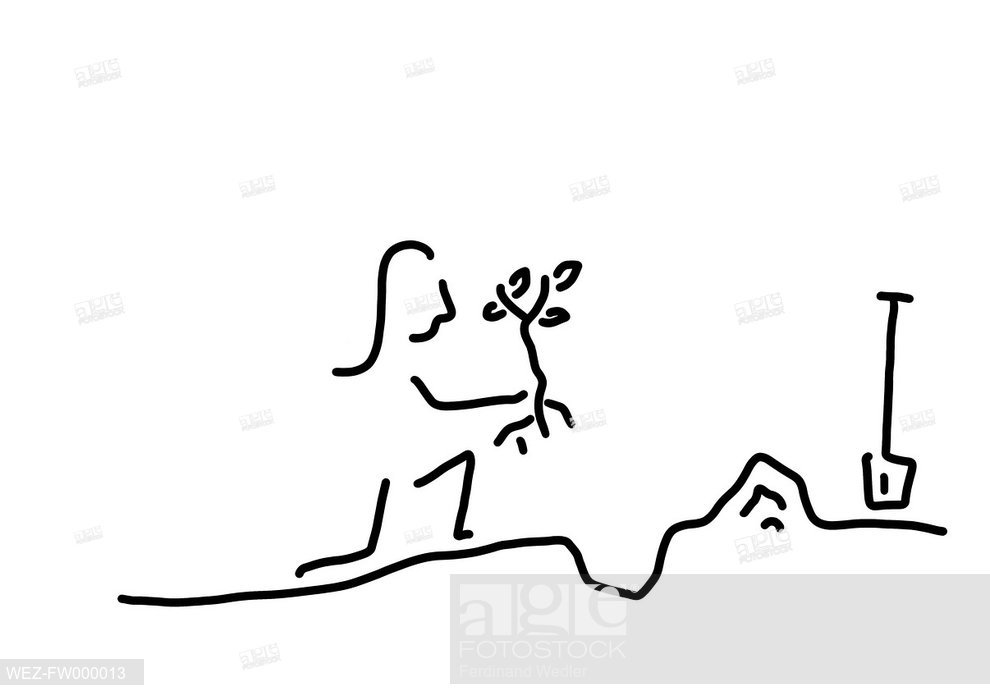 990x700 Gardening, Woman Planting A Tree, Line Drawing, Black And White