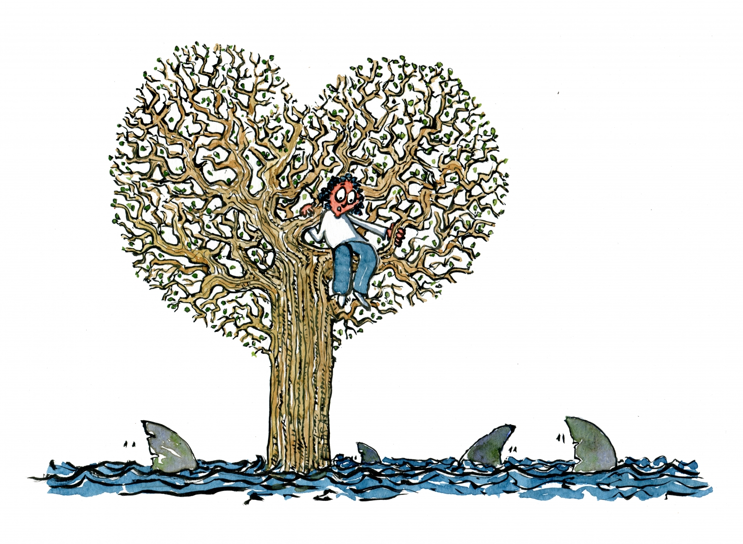 1500x1098 Woman Climbing Heart Tree For Shark Filled Flooding Illustration