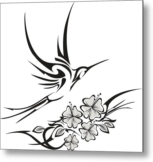 493x523 Tribal Hummingbird And Hibiscus Tattoo Metal Print