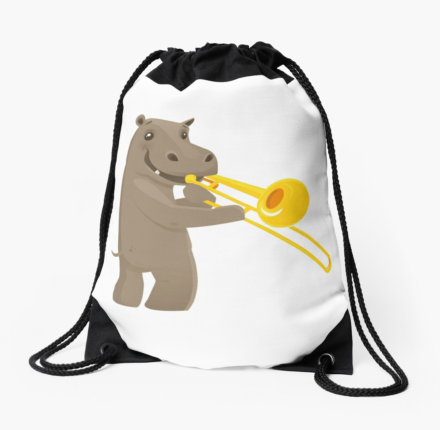 1435x1404 Funny Hippo Playing Music With Trombone Drawstring Bag