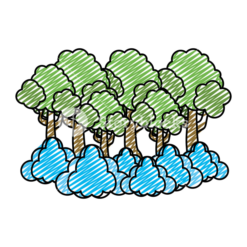 1000x1000 Doodle Tropical Tree Branches Leaves And Clouds Vector