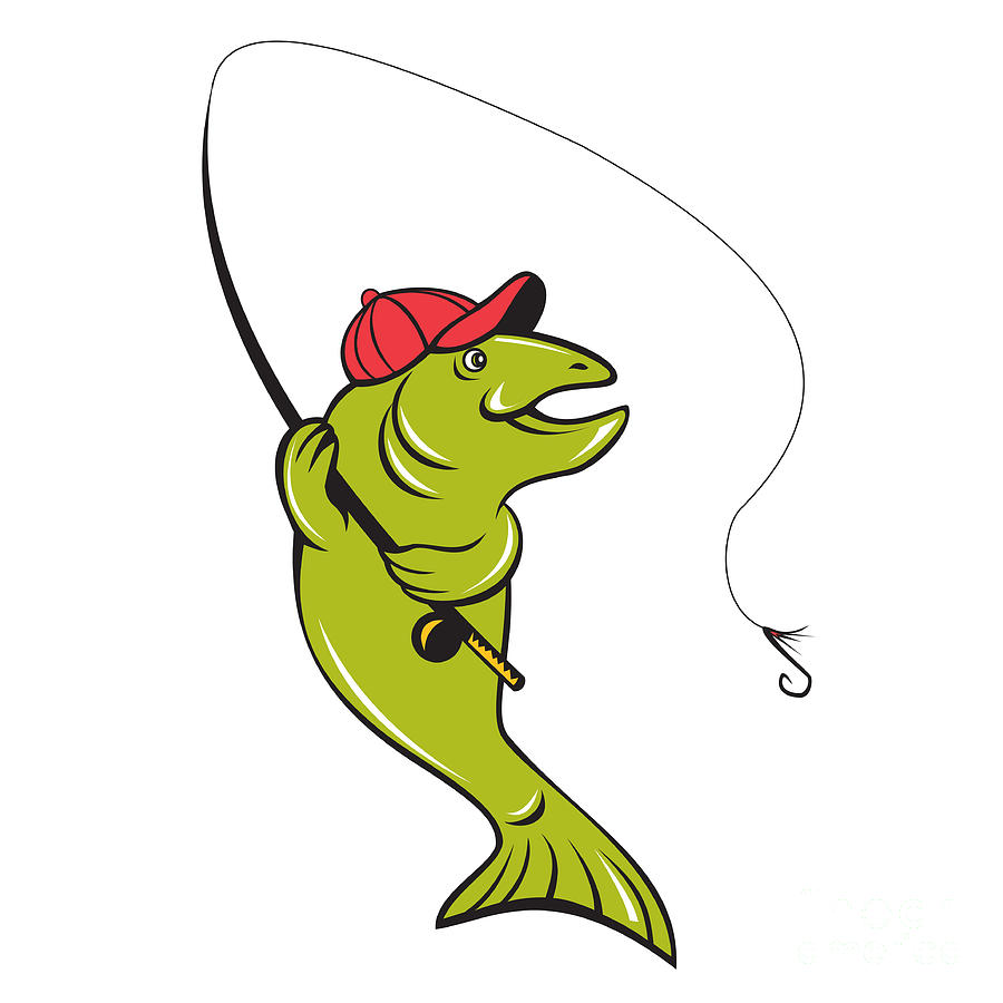 900x900 Trout Fly Fishing Rod Hook Cartoon Digital Art