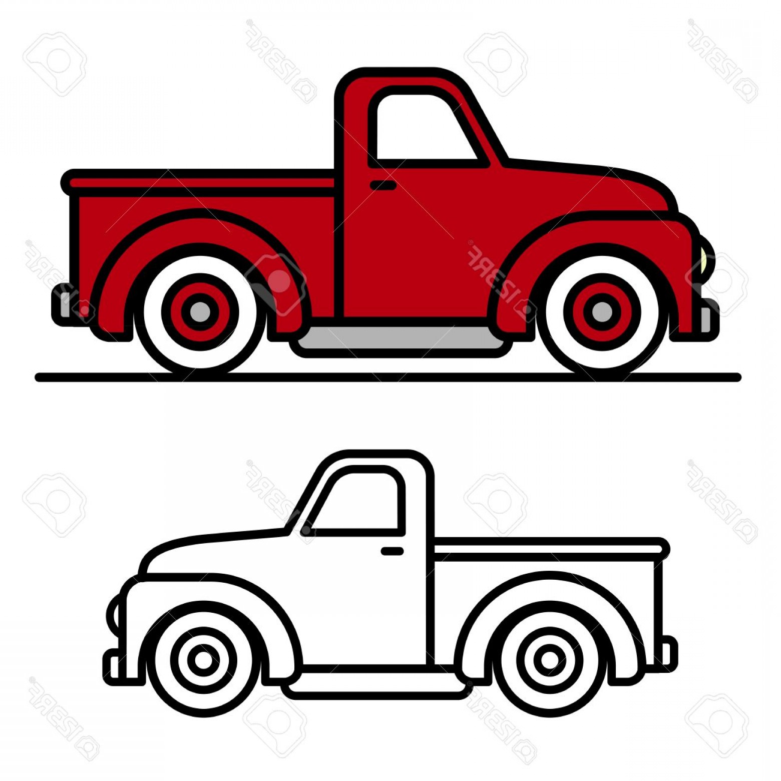 1560x1560 Photostock Vector Two Cartoon Vintage Pick Up Truck Outline