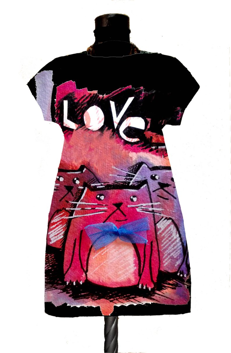 794x1214 Dress Tunic With Print Cats Pink Love Black Cute Drawing Art Etsy