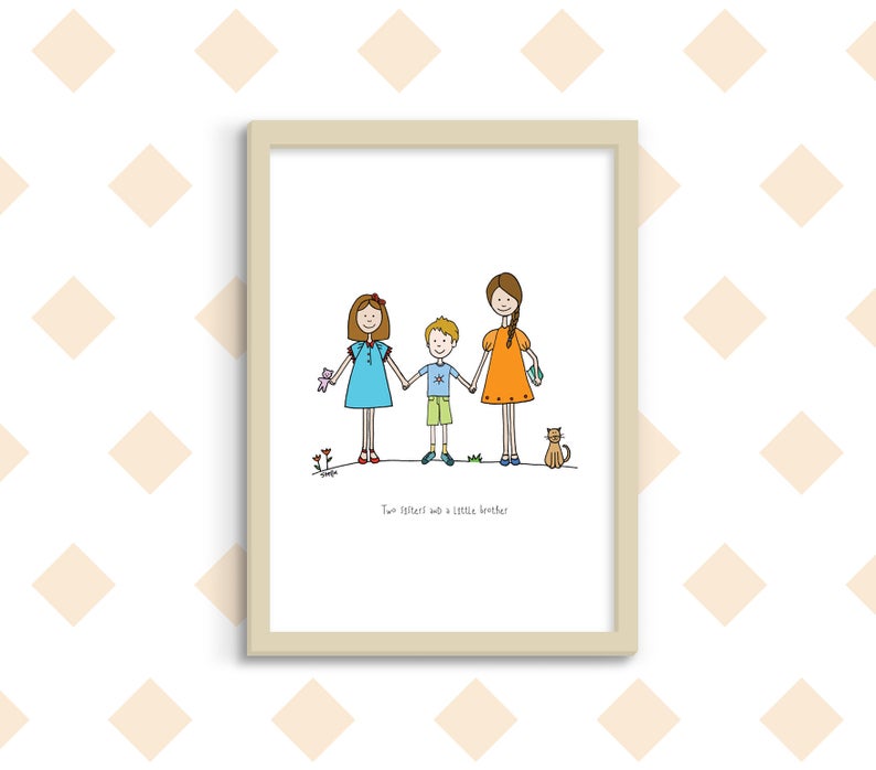 794x698 Two Sisters And A Little Brother Digital Art Print Hand Etsy