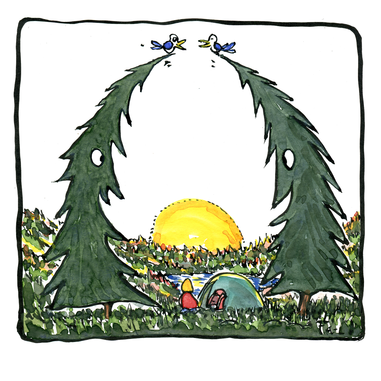 1250x1250 Color Illustration Hiker Sunset Listen To Nature Camp Two Trees