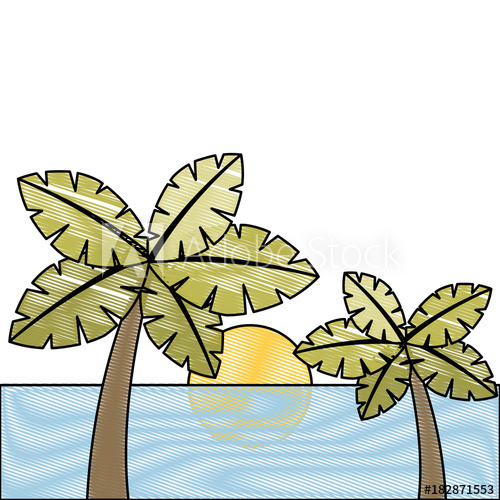 500x500 Tropical Two Palm Trees And Sun Ocean Paradise Vector Illustration