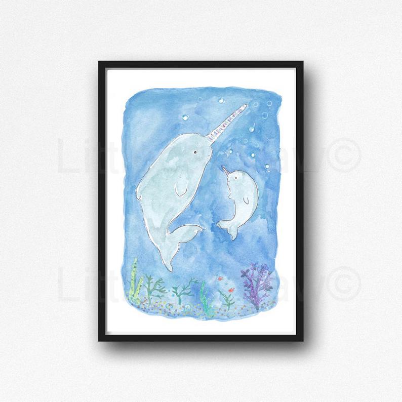 794x794 Whale Print Narwhals Under The Sea Watercolor Painting Print Etsy