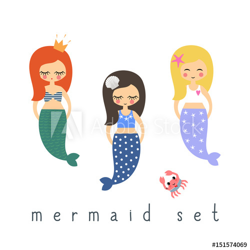 500x500 Cute Mermaids Girls Set On White Background Child Drawing Style