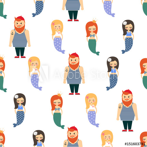 500x500 Cute Mermaids Girls With Sailor Seamless Pattern On White
