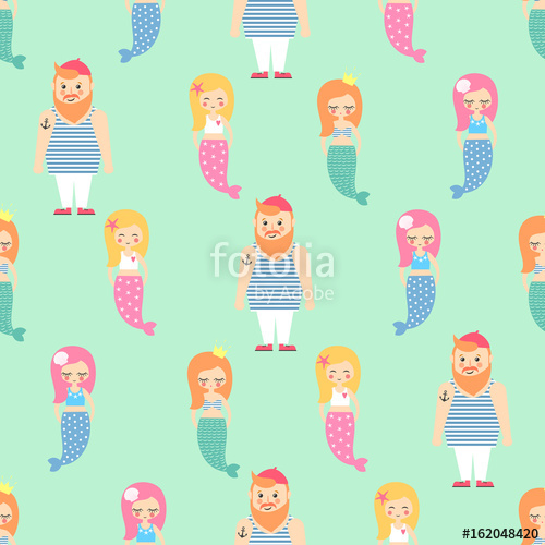 500x500 Mermaids Girls With Sailor Seamless Pattern On Mint Green