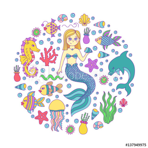 500x500 Mermaid Underwater Sea Ocean Symbols Doodle Colorful Drawing