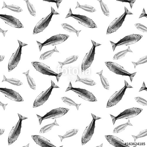 500x500 Watercolor Drawing Seamless Pattern With Fish, Herring On White