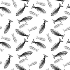 240x240 Watercolor Drawing Seamless Pattern With Fish, Herring On White