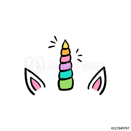 500x500 Unicorn Horn With Ears And Sparkles, Vector Hand Drawn