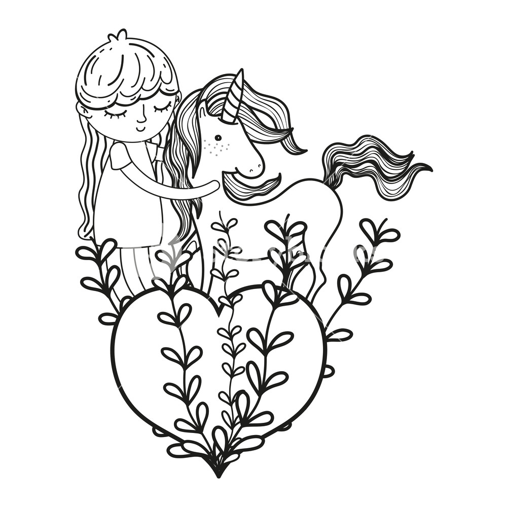 1000x1000 Line Nice Girl With Unicorn And Heart With Branches Vector