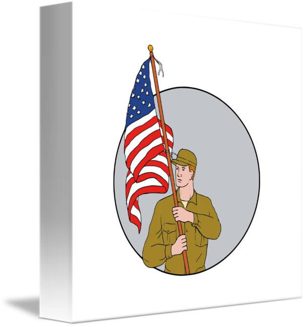 606x650 American Soldier Holding Usa Flag Circle Drawing