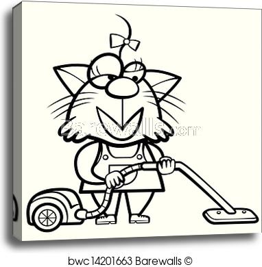 382x390 Coloring Cartoon Cat Housewife With A Vacuum Cleaner, Canvas Print
