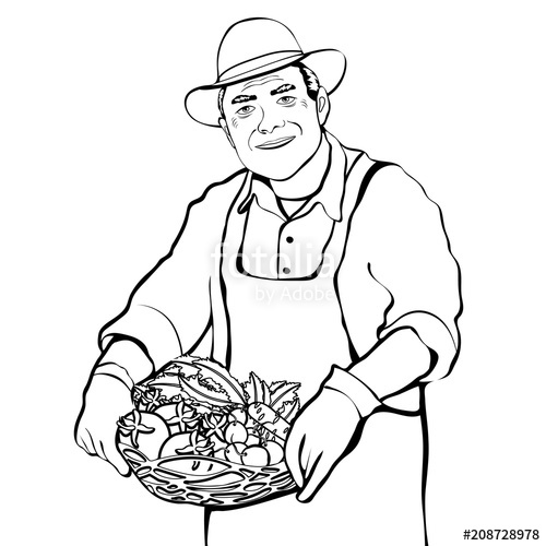 500x500 Farmer With Basket Of Fresh Vegetables Contour Drawing, Coloring