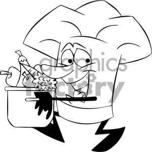 300x300 Black And White Cartoon Chef With Pot Full Of Vegetables Clipart
